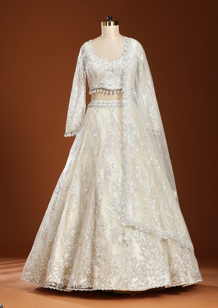 Off White Sequins Net Readymade Lehenga-koskii
