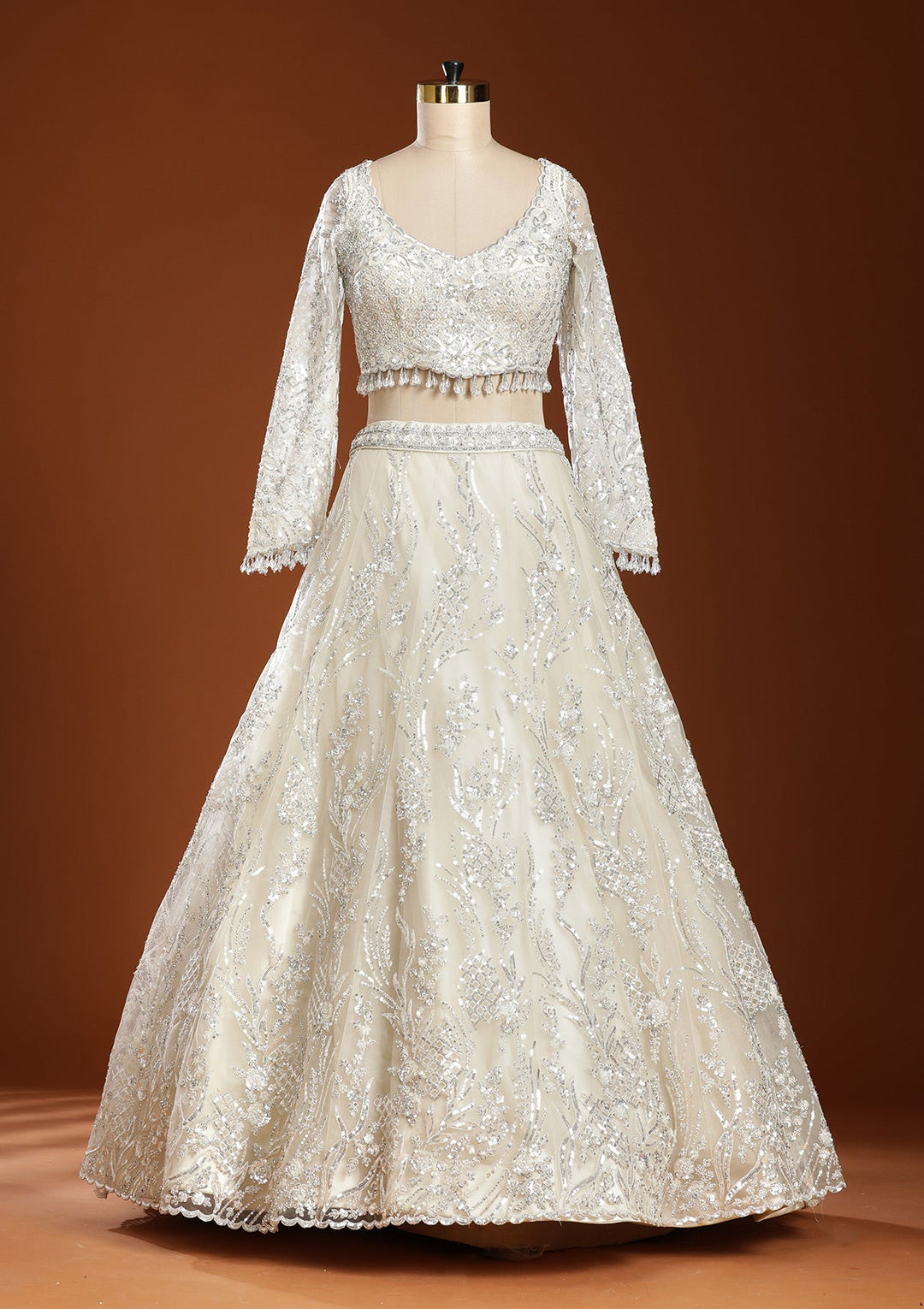 Off White Sequins Net Readymade Lehenga-koskii