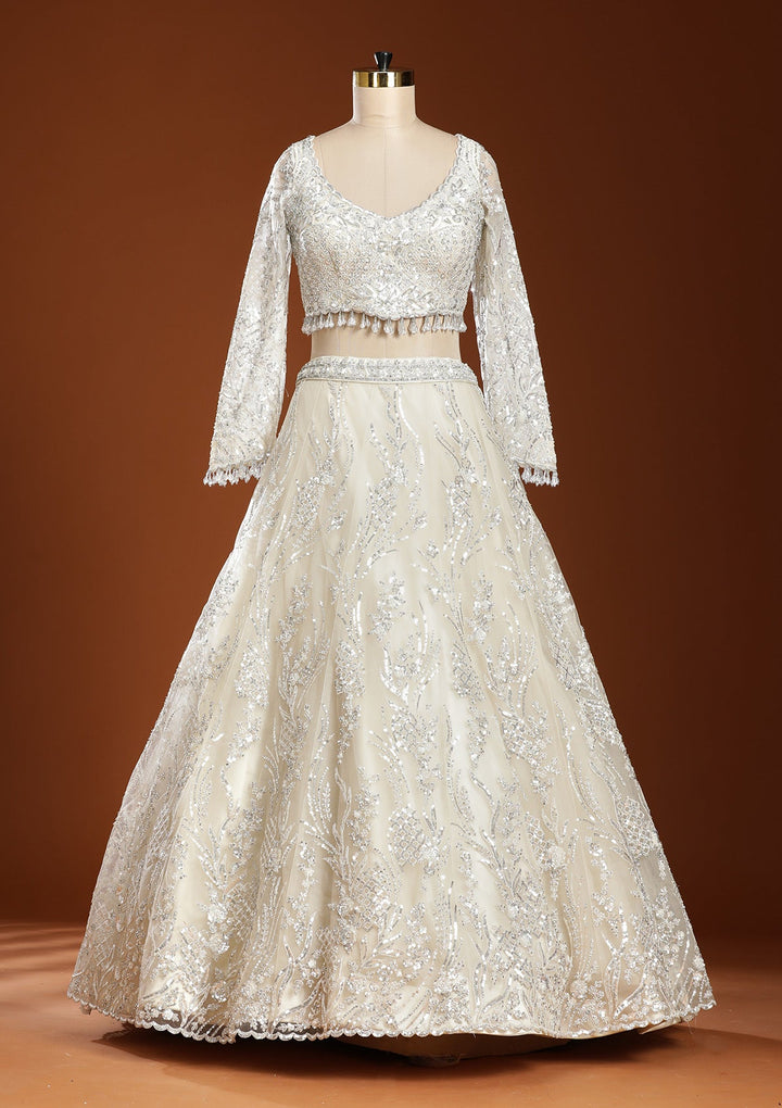 Off White Sequins Net Readymade Lehenga-koskii