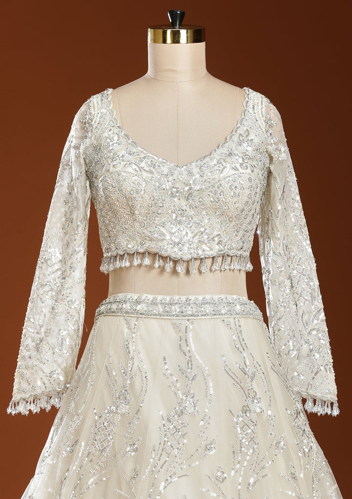 Off White Sequins Net Readymade Lehenga-koskii