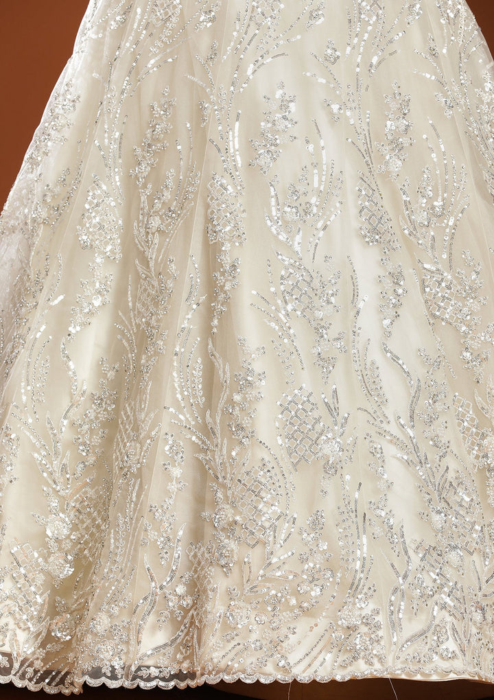 Off White Sequins Net Readymade Lehenga-koskii