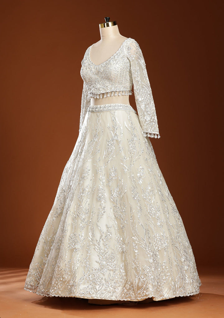 Off White Sequins Net Readymade Lehenga-koskii
