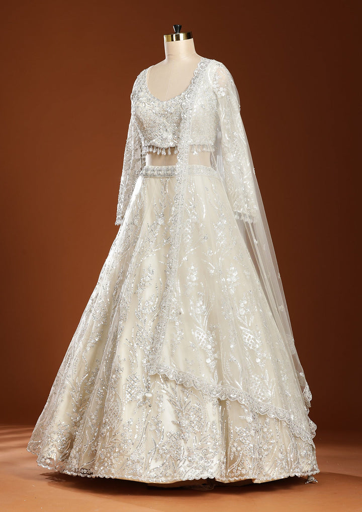 Off White Sequins Net Readymade Lehenga-koskii