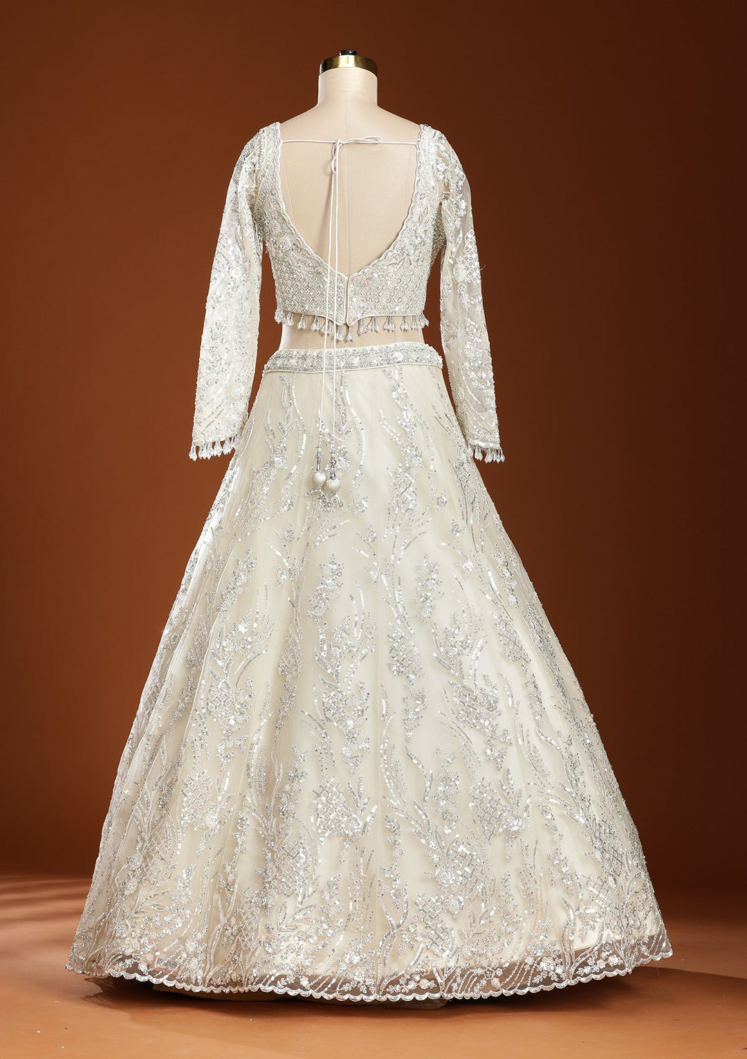 Off White Sequins Net Readymade Lehenga-koskii