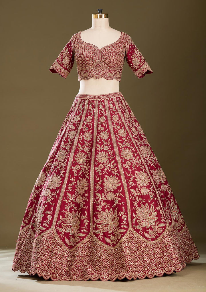 Dark Maroon Zardozi (Gold) Raw Silk Readymade Lehenga