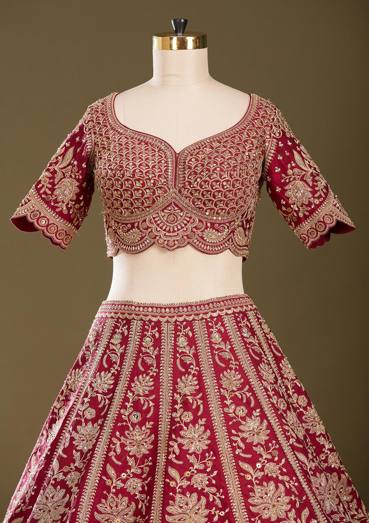 Dark Maroon Zardozi (Gold) Raw Silk Readymade Lehenga