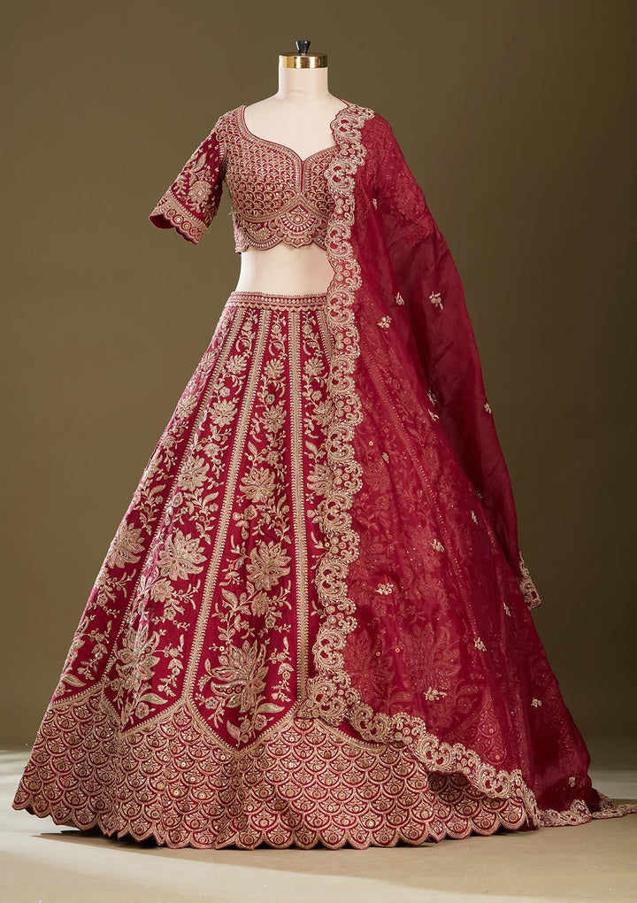 Dark Maroon Zardozi (Gold) Raw Silk Readymade Lehenga