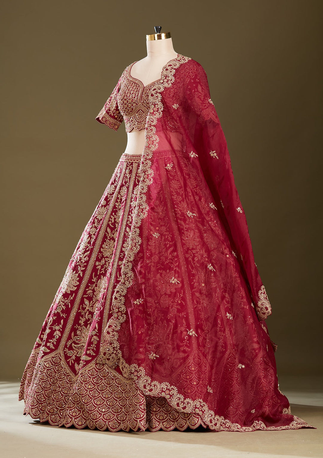 Dark Maroon Zardozi (Gold) Raw Silk Readymade Lehenga