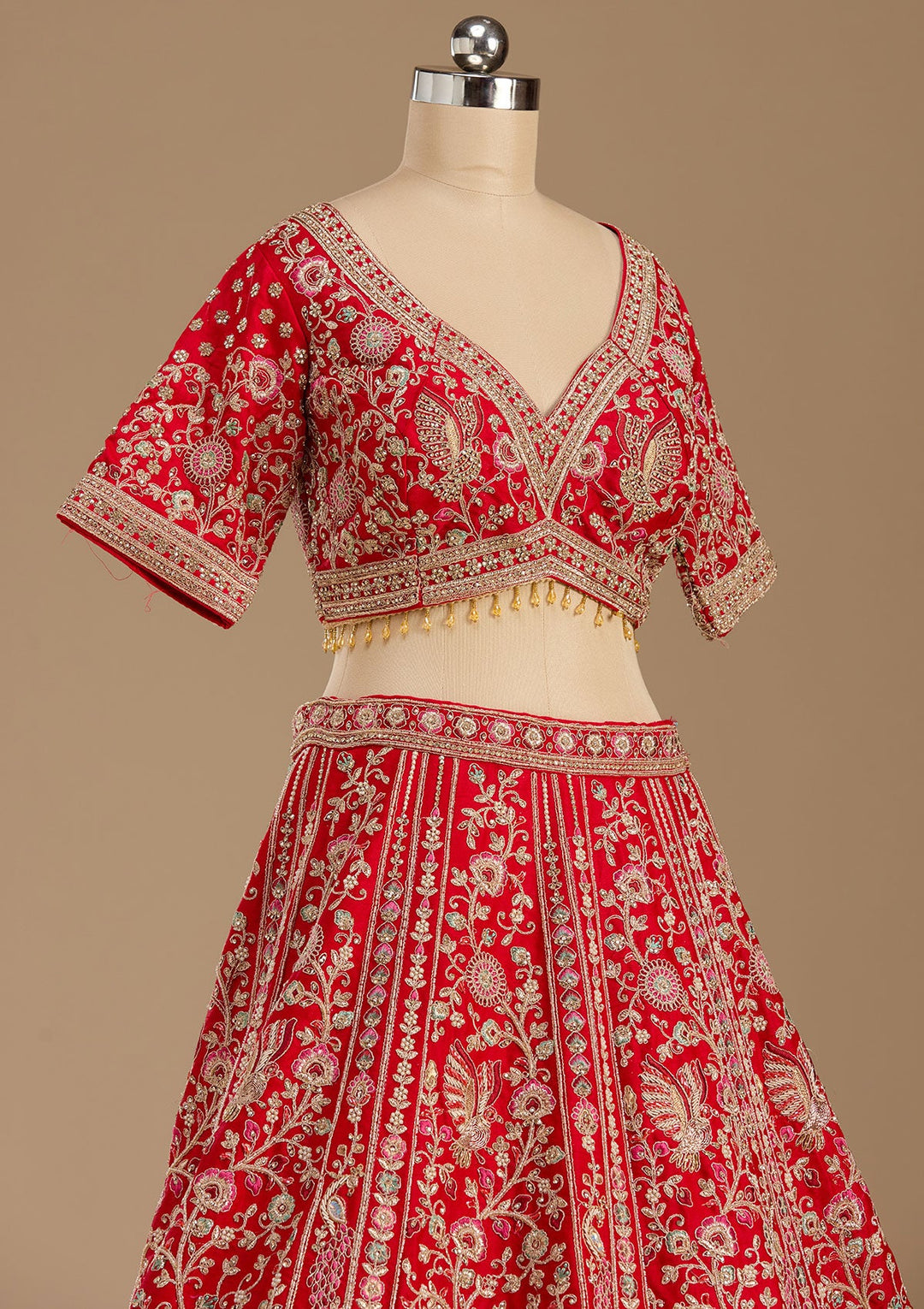 Red Cording Raw Silk Readymade Lehenga-koskii