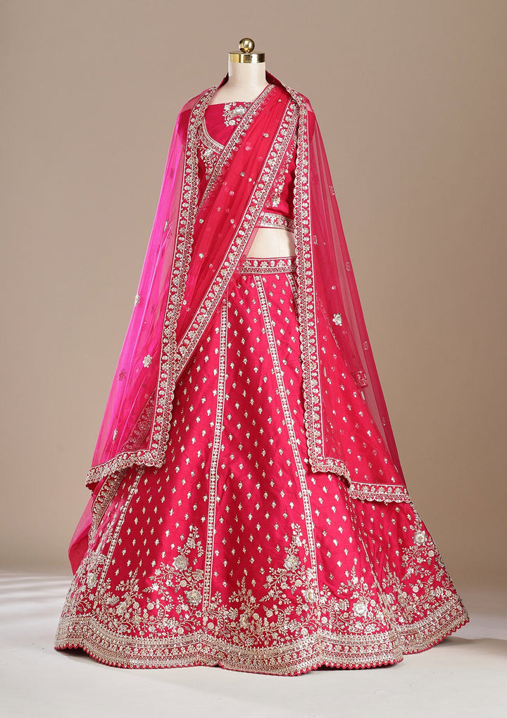 Rani Pink Cording Raw Silk Semi-Stitched Lehenga