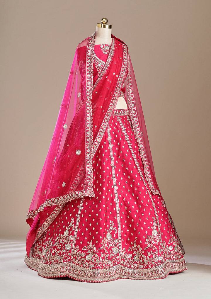 Rani Pink Cording Raw Silk Semi-Stitched Lehenga