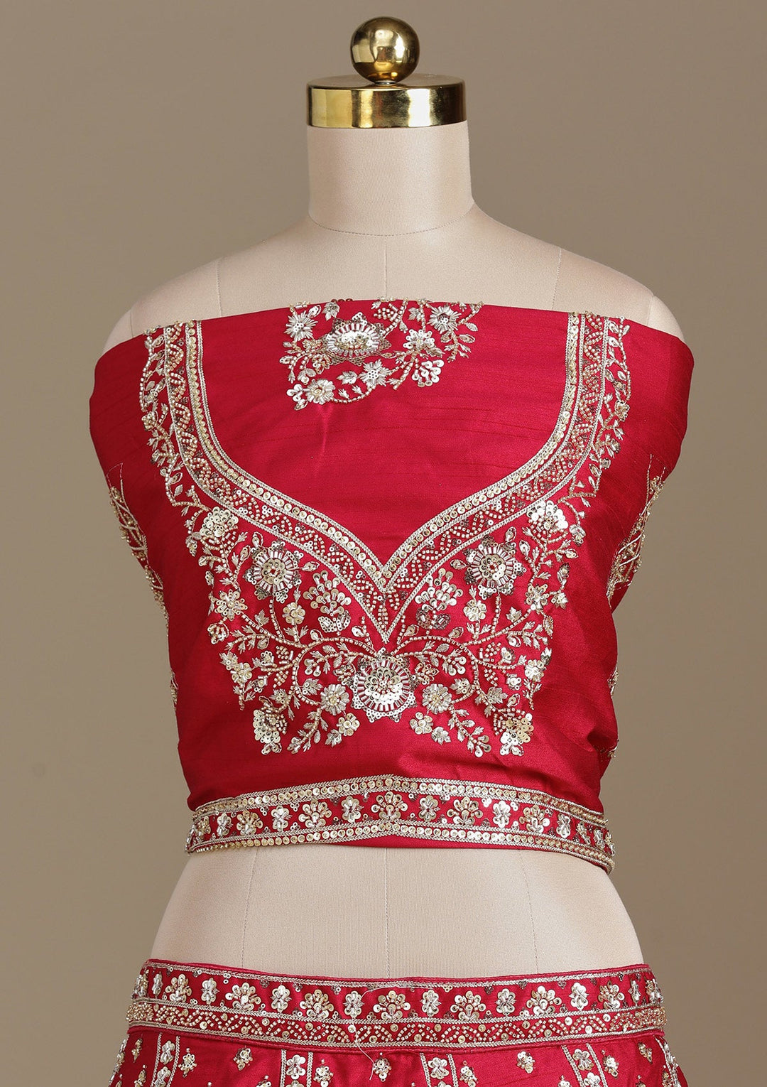 Red Cording Raw Silk Semi-Stitched Lehenga