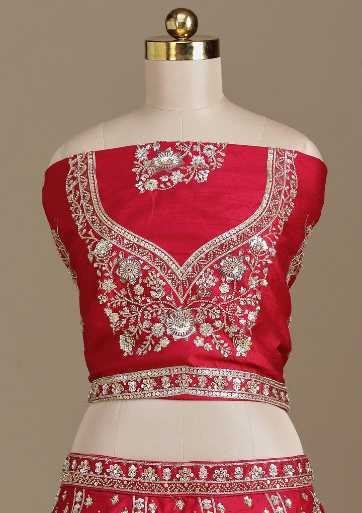 Red Cording Raw Silk Semi-Stitched Lehenga