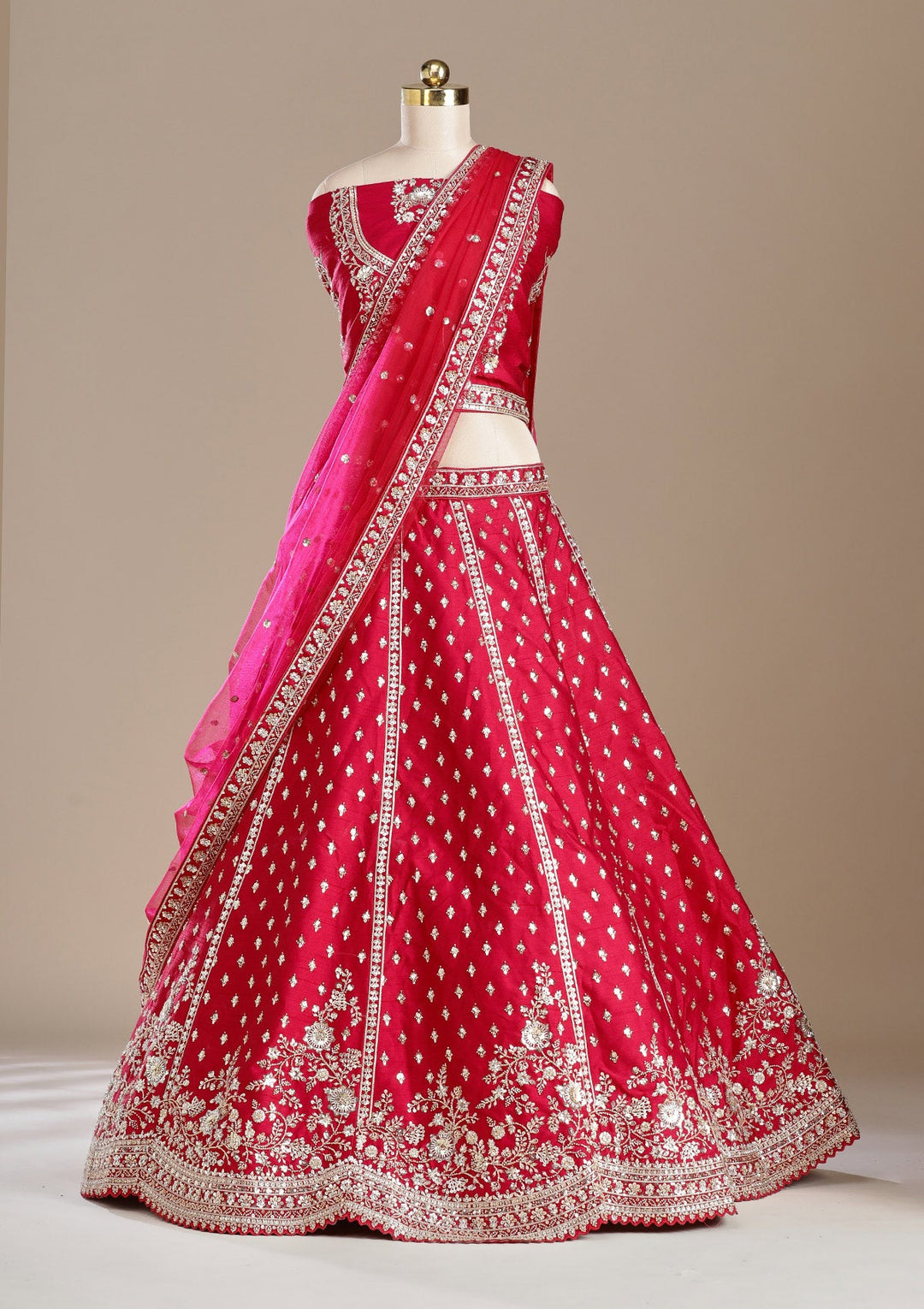 Red Cording Raw Silk Semi-Stitched Lehenga