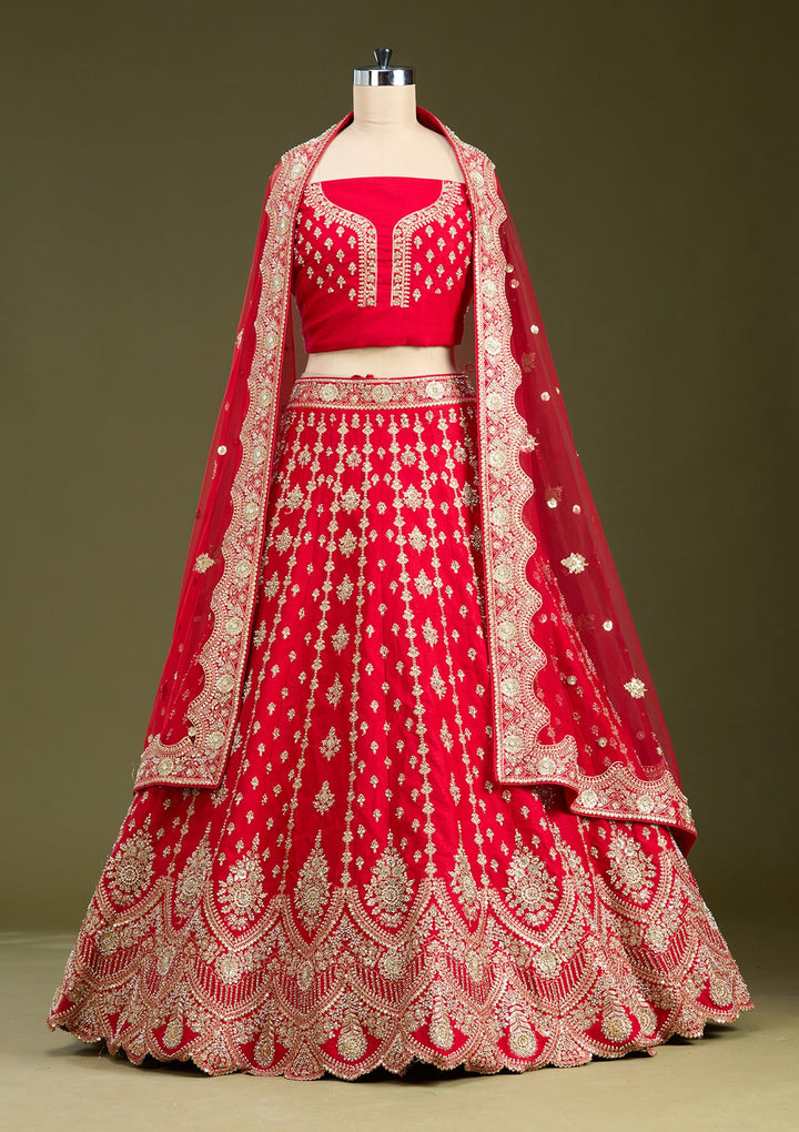 Red Cutdana Raw Silk Semi-Stitched Lehenga