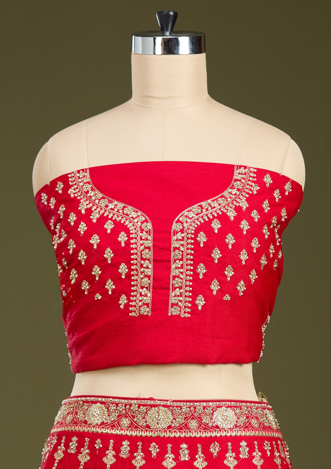 Red Cutdana Raw Silk Semi-Stitched Lehenga