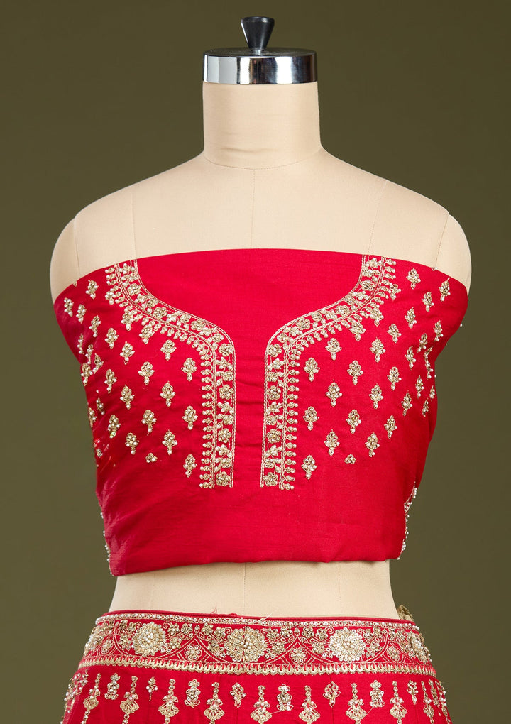 Red Cutdana Raw Silk Semi-Stitched Lehenga
