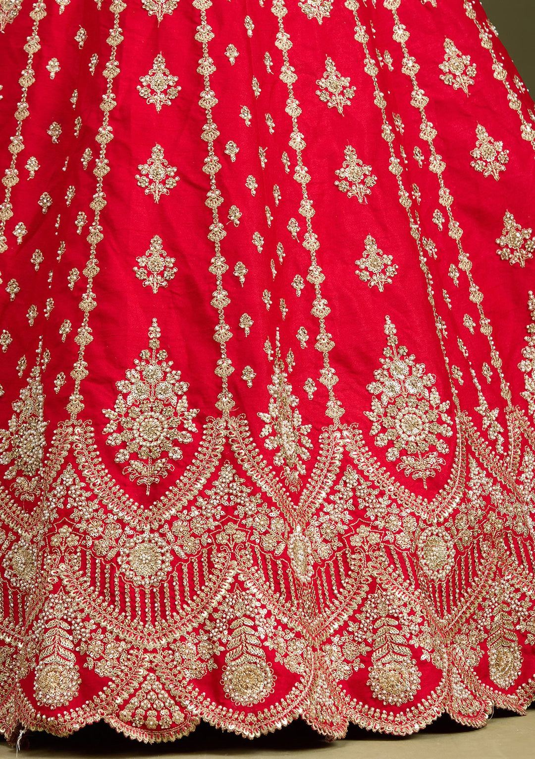 Red Cutdana Raw Silk Semi-Stitched Lehenga