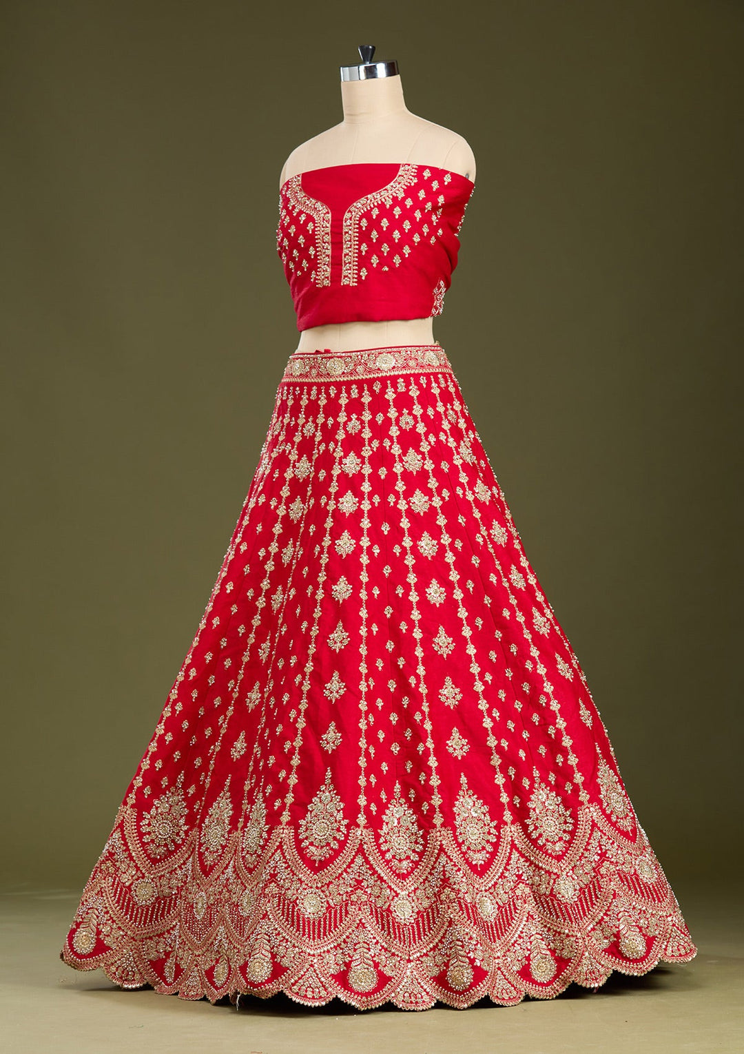 Red Cutdana Raw Silk Semi-Stitched Lehenga