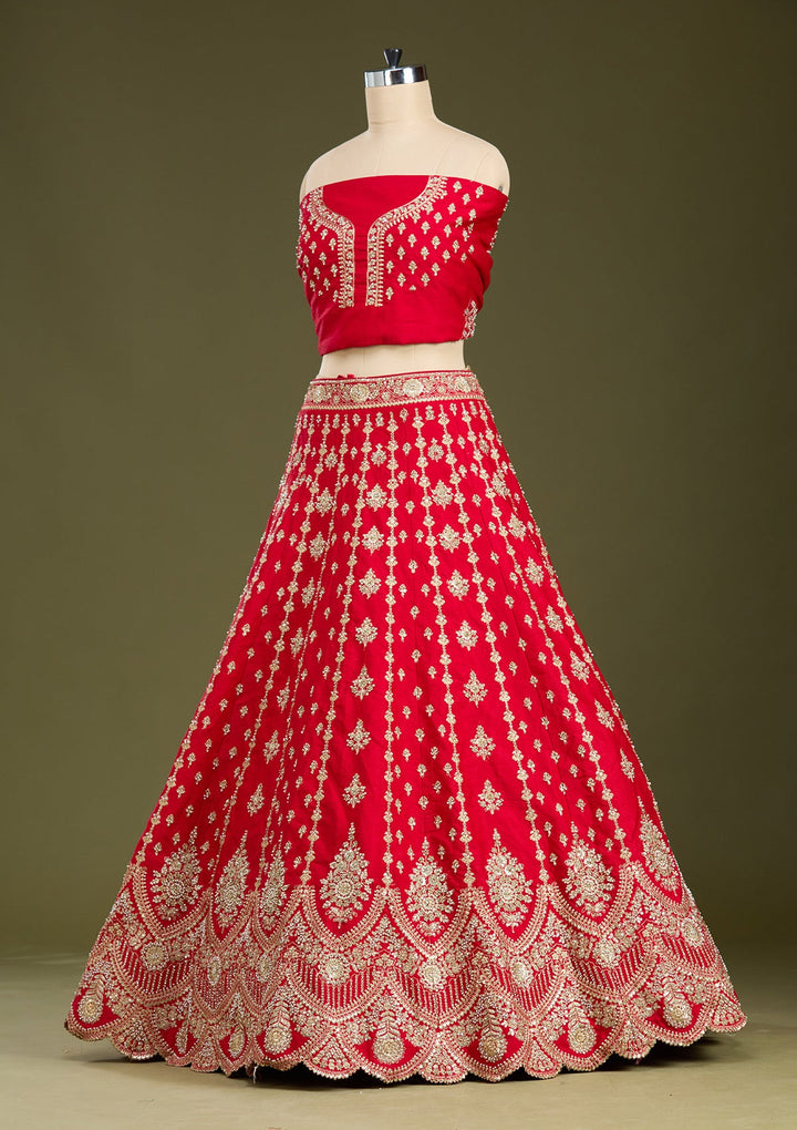 Red Cutdana Raw Silk Semi-Stitched Lehenga