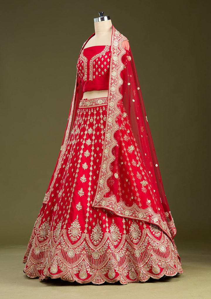Red Cutdana Raw Silk Semi-Stitched Lehenga