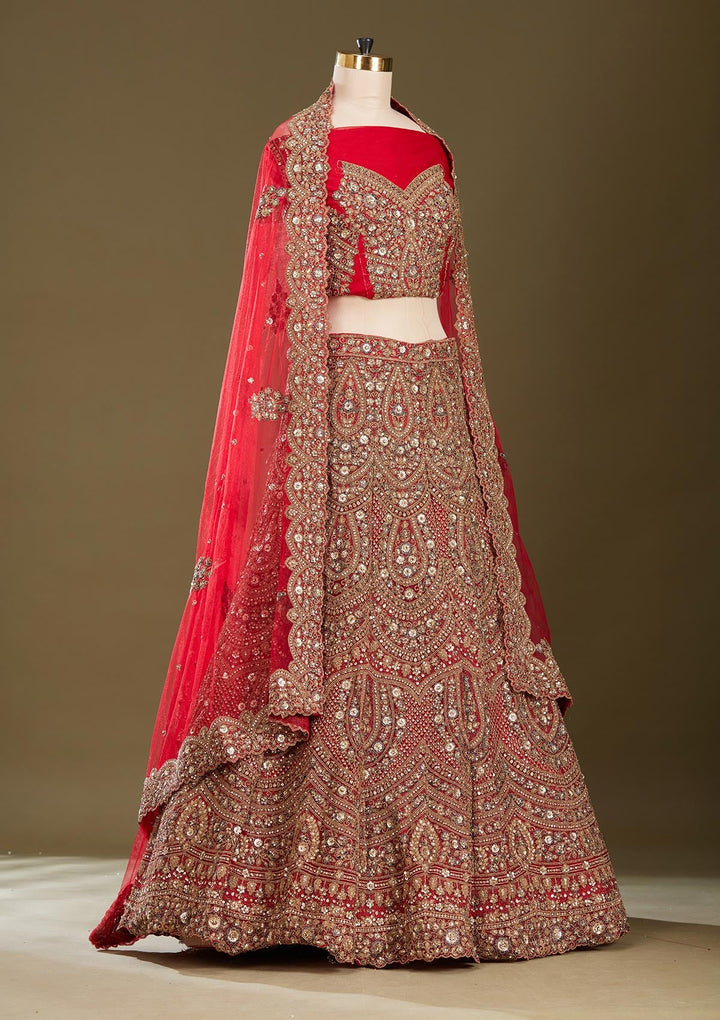 Red Sequins Net Readymade Lehenga