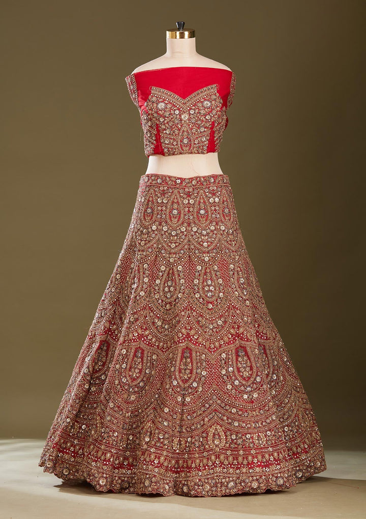 Red Sequins Net Readymade Lehenga
