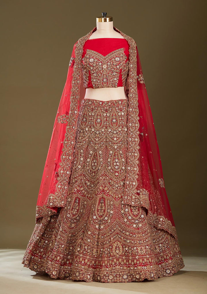 Red Sequins Net Readymade Lehenga