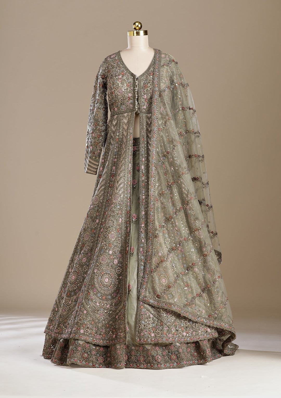 Mehendi Zariwork (Antique) Net Readymade Lehenga-koskii