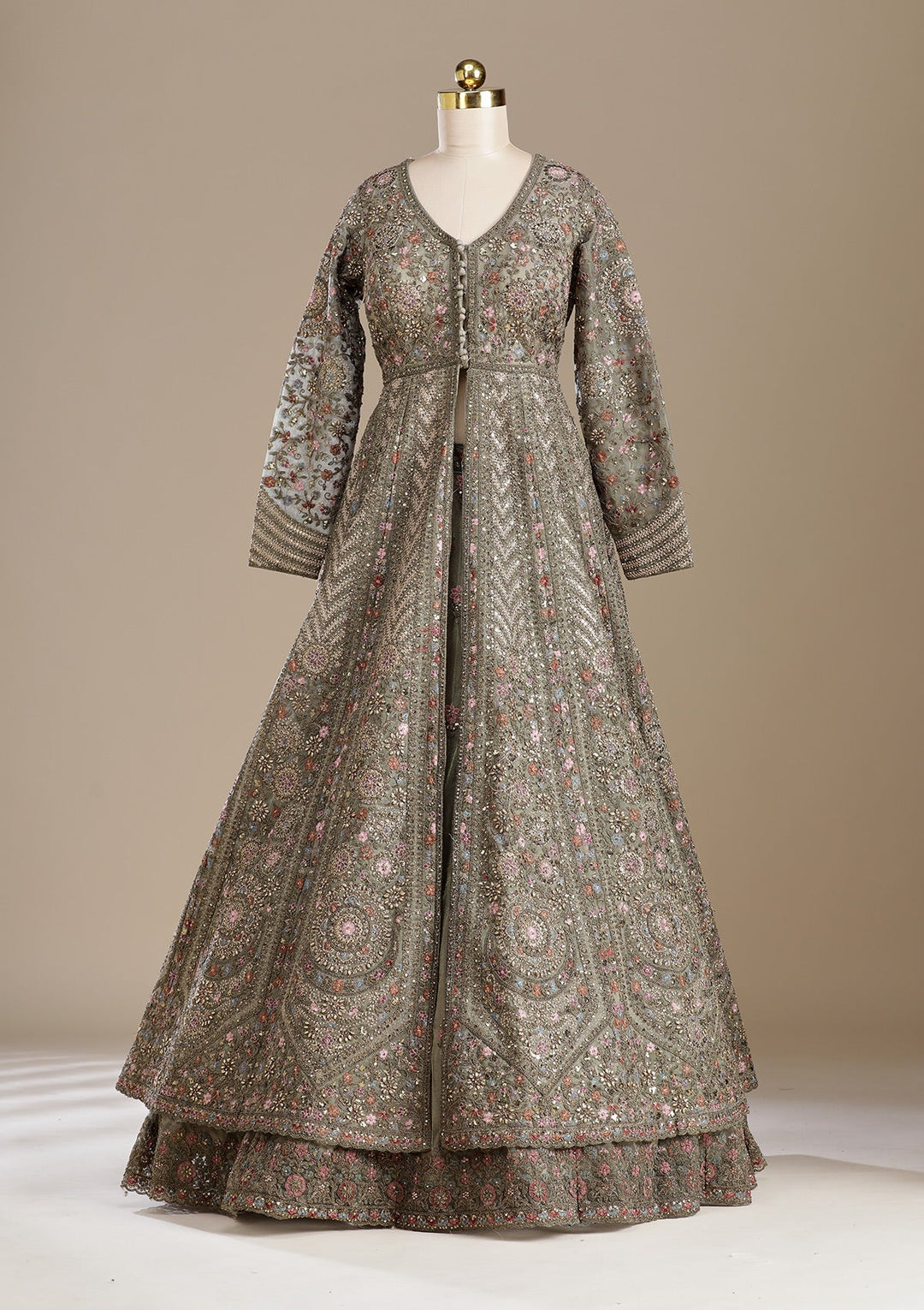 Mehendi Zariwork (Antique) Net Readymade Lehenga-koskii