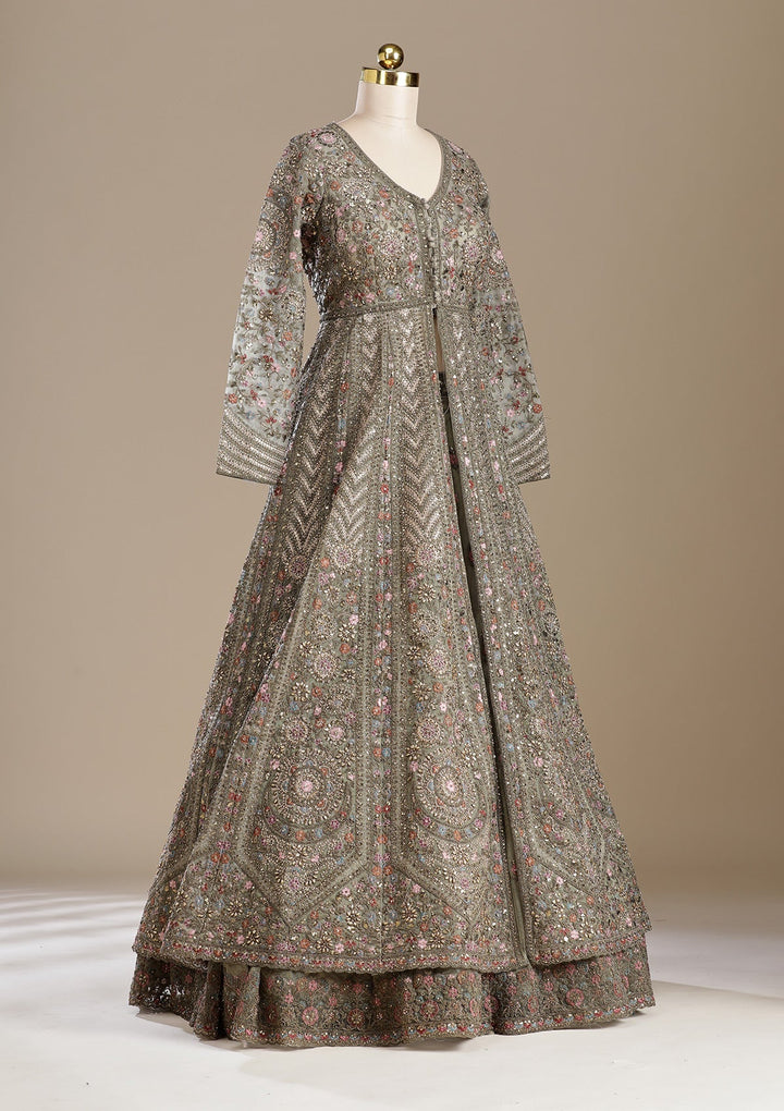 Mehendi Zariwork (Antique) Net Readymade Lehenga-koskii