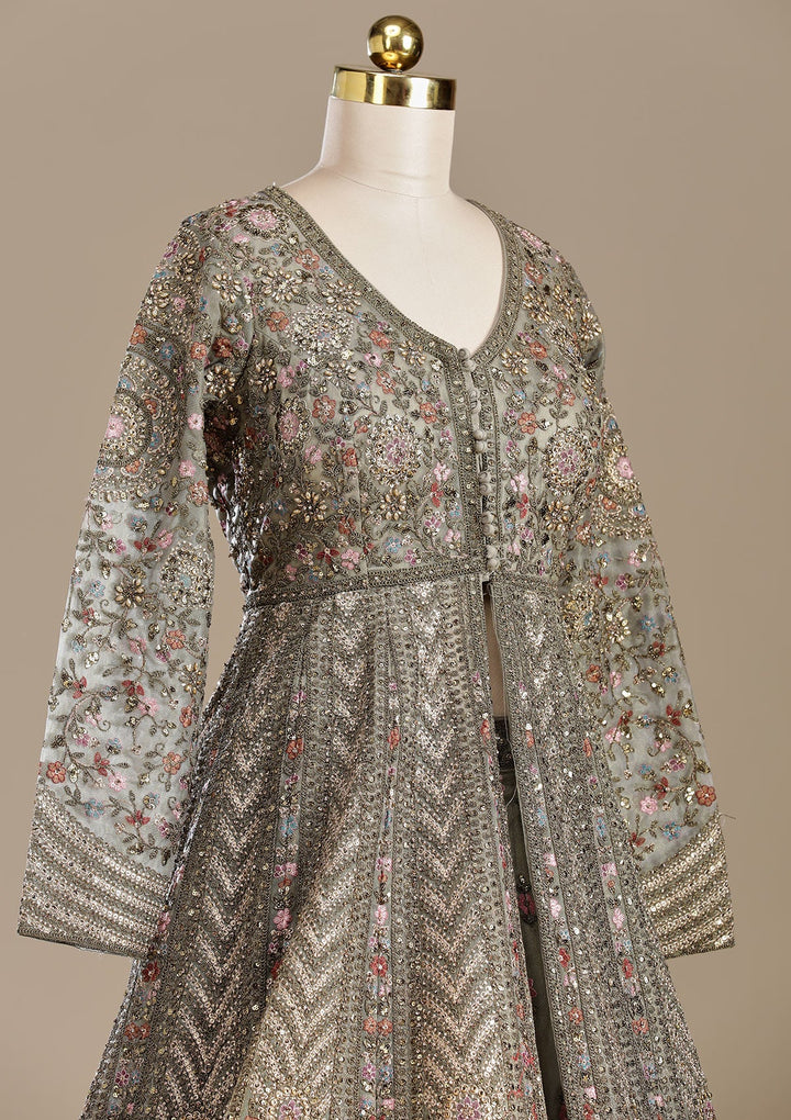 Mehendi Zariwork (Antique) Net Readymade Lehenga-koskii