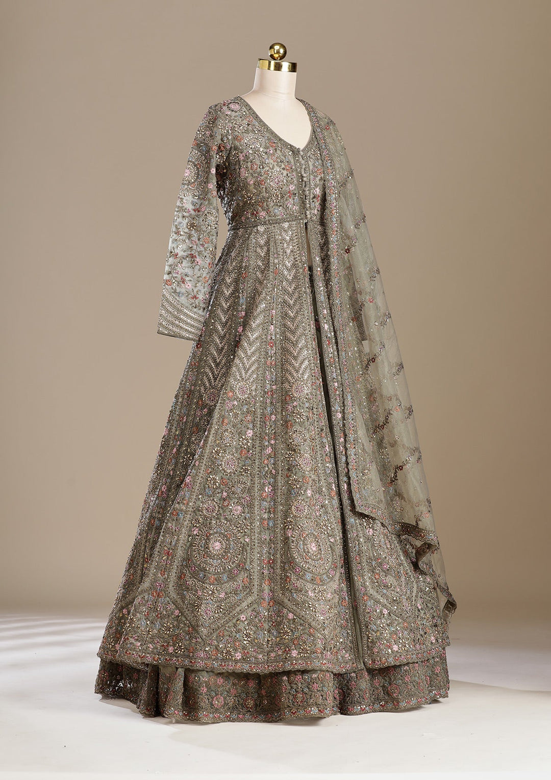 Mehendi Zariwork (Antique) Net Readymade Lehenga-koskii