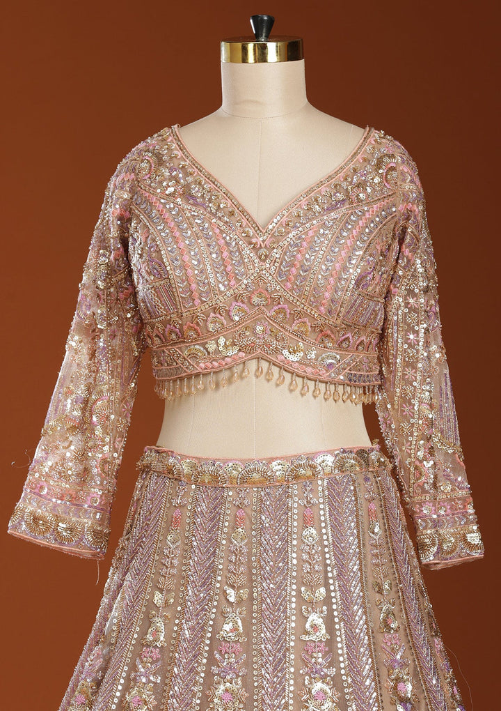 Light Peach Sequins Net Readymade Lehenga-koskii