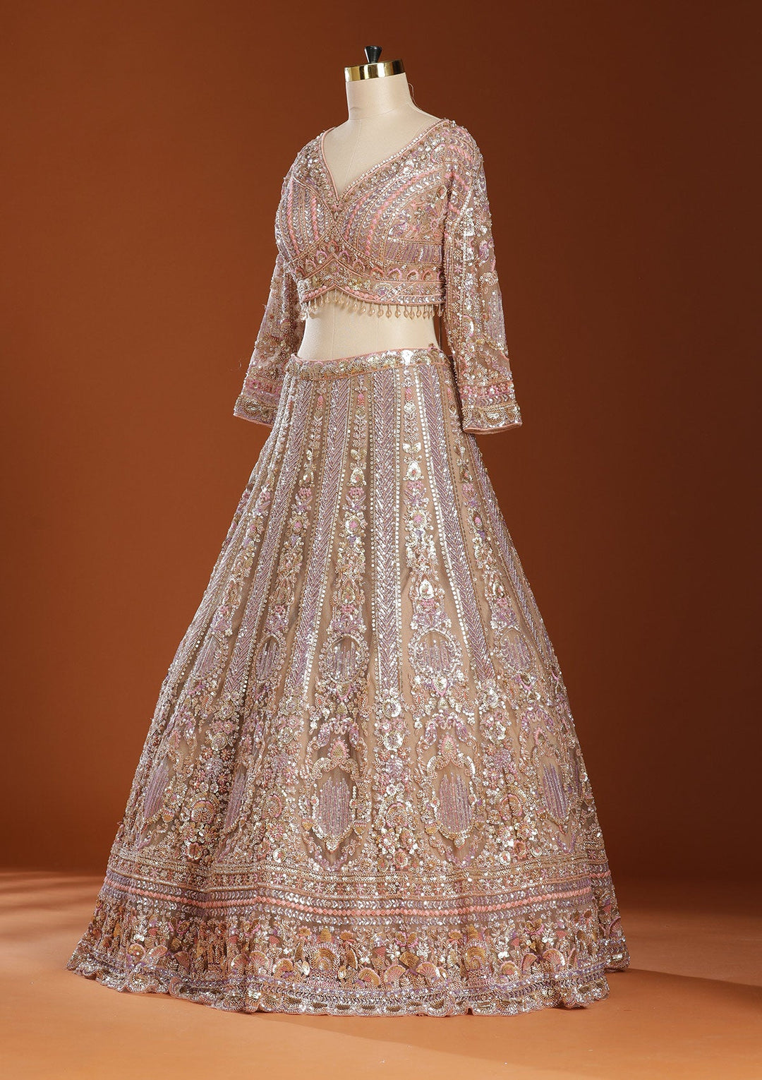 Light Peach Sequins Net Readymade Lehenga-koskii