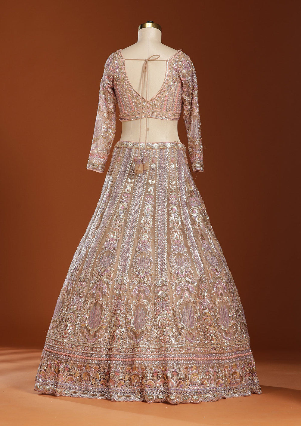 Light Peach Sequins Net Readymade Lehenga-koskii