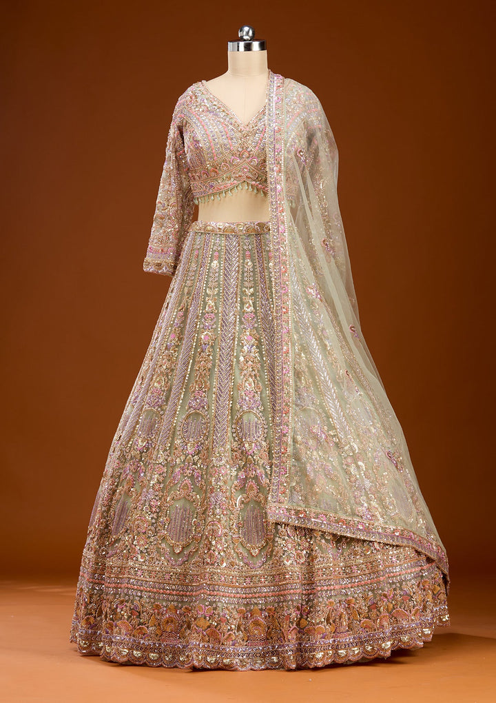 Pista Green Sequins Net Readymade Lehenga