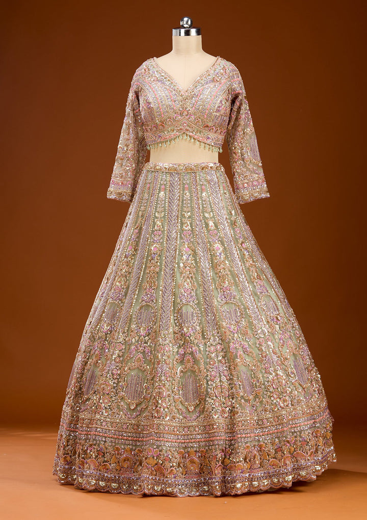 Pista Green Sequins Net Readymade Lehenga
