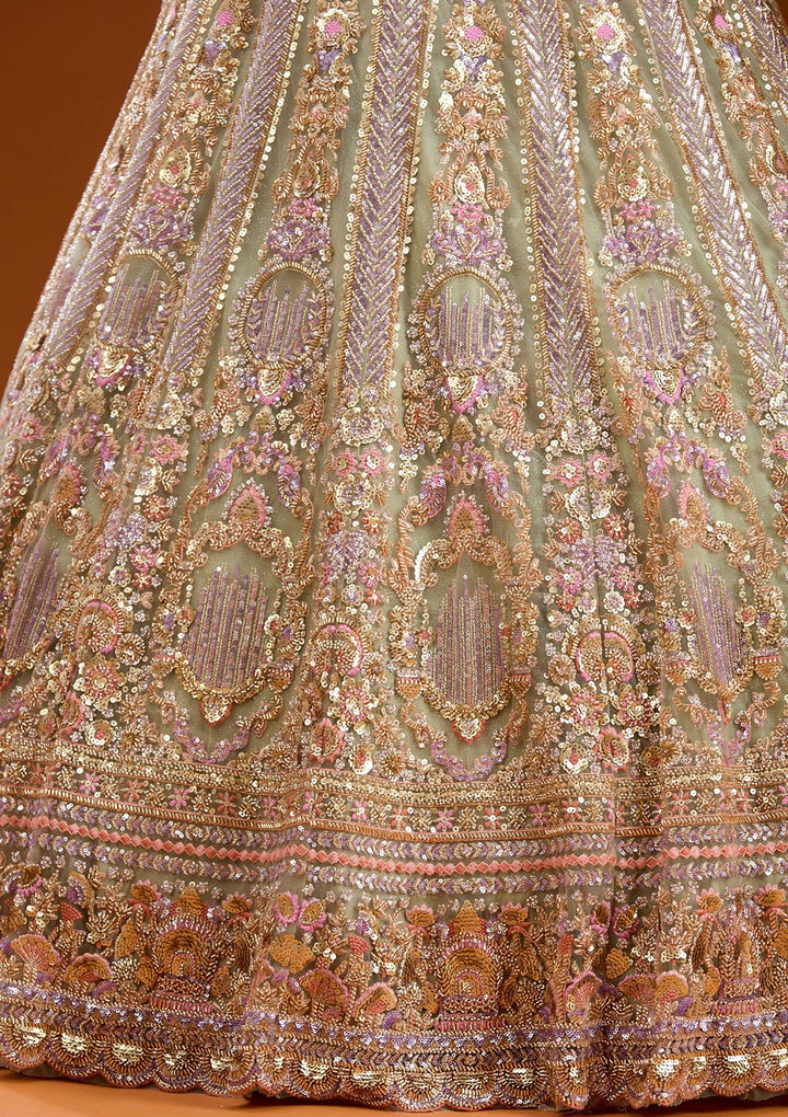 Pista Green Sequins Net Readymade Lehenga