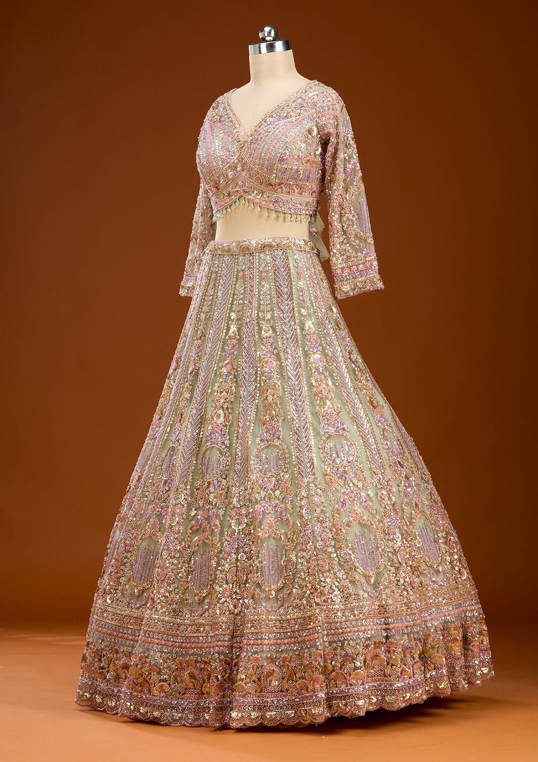 Pista Green Sequins Net Readymade Lehenga