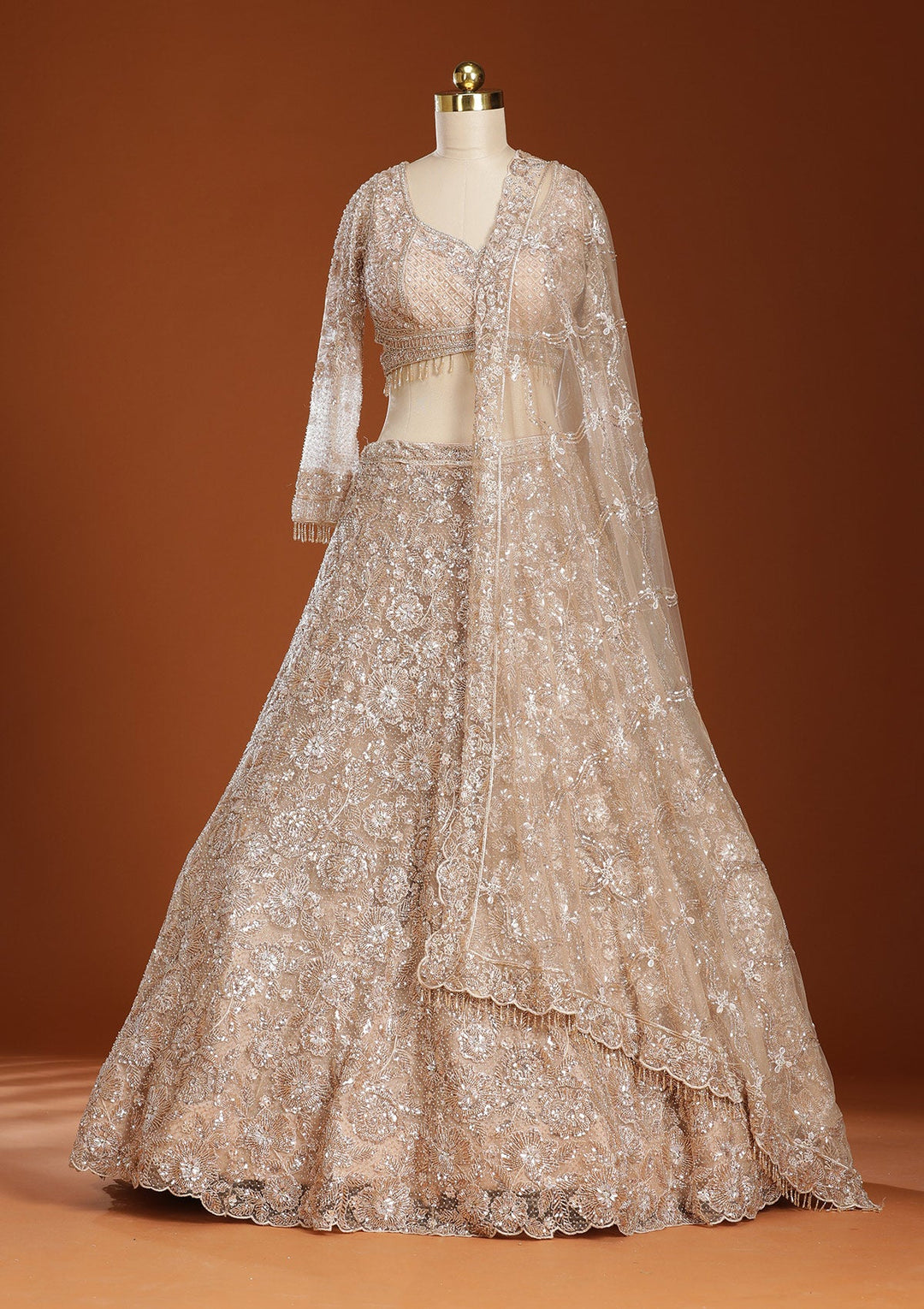 Beige Cutdana Net Readymade Lehenga-koskii