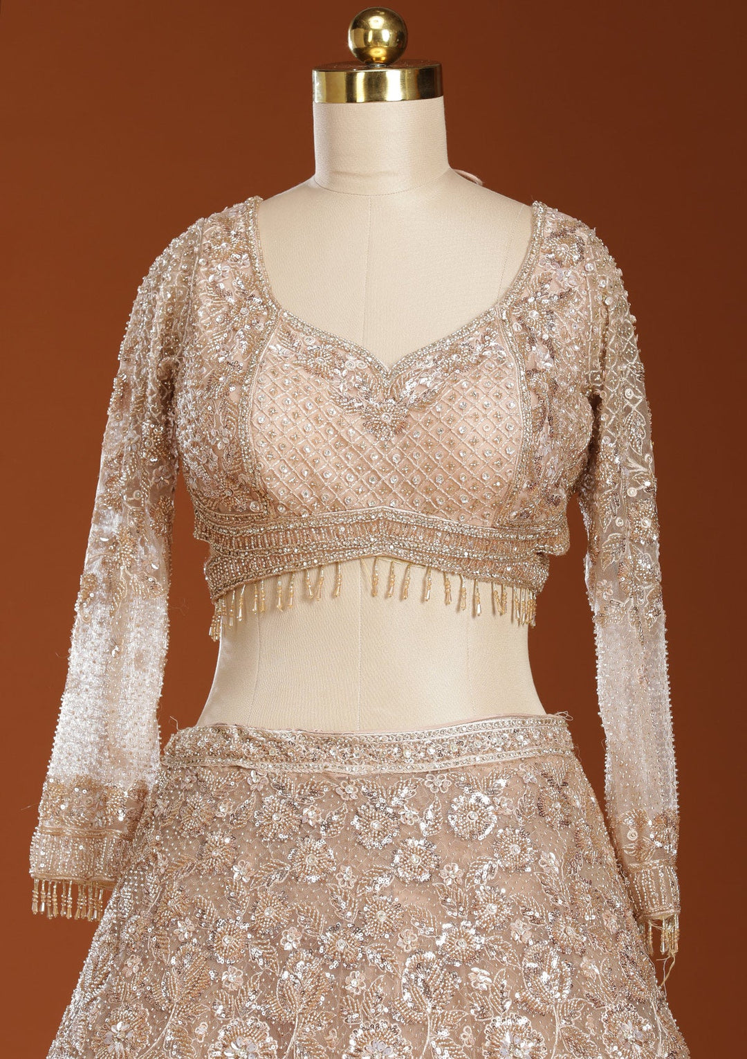 Beige Cutdana Net Readymade Lehenga-koskii