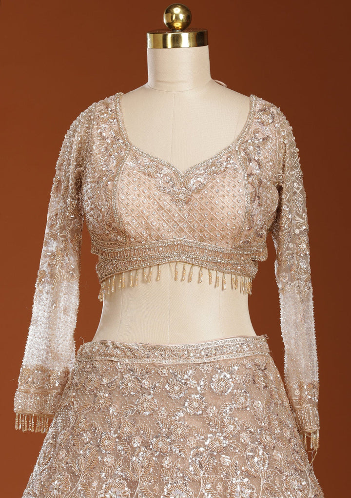 Beige Cutdana Net Readymade Lehenga-koskii