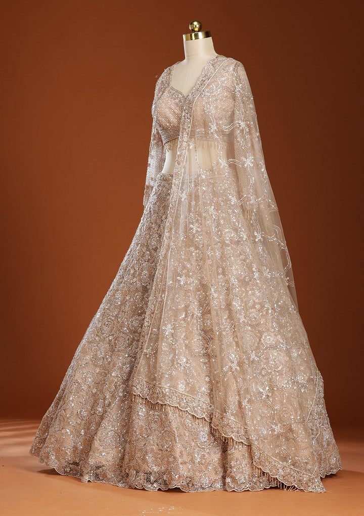 Beige Cutdana Net Readymade Lehenga-koskii
