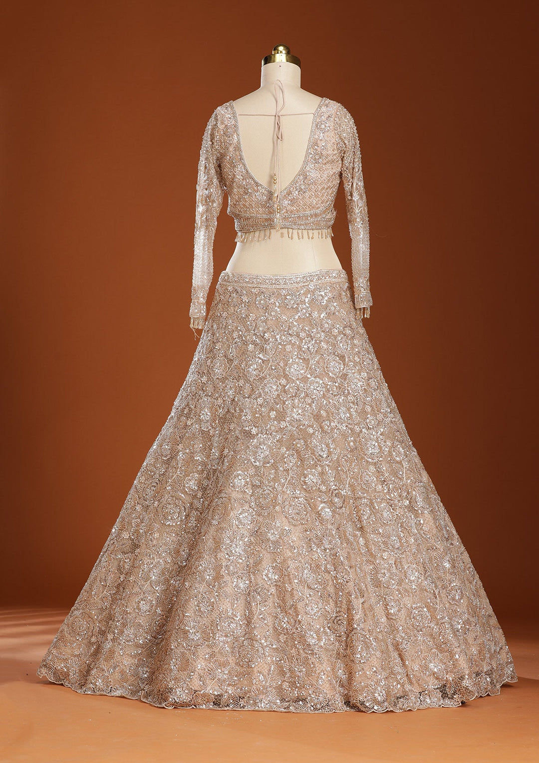 Beige Cutdana Net Readymade Lehenga-koskii