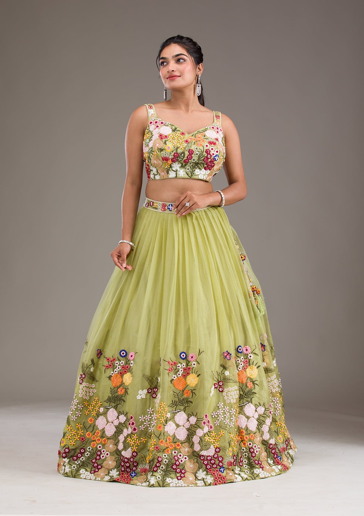 Pista Green Threadwork Tissue Readymade Lehenga-Koskii