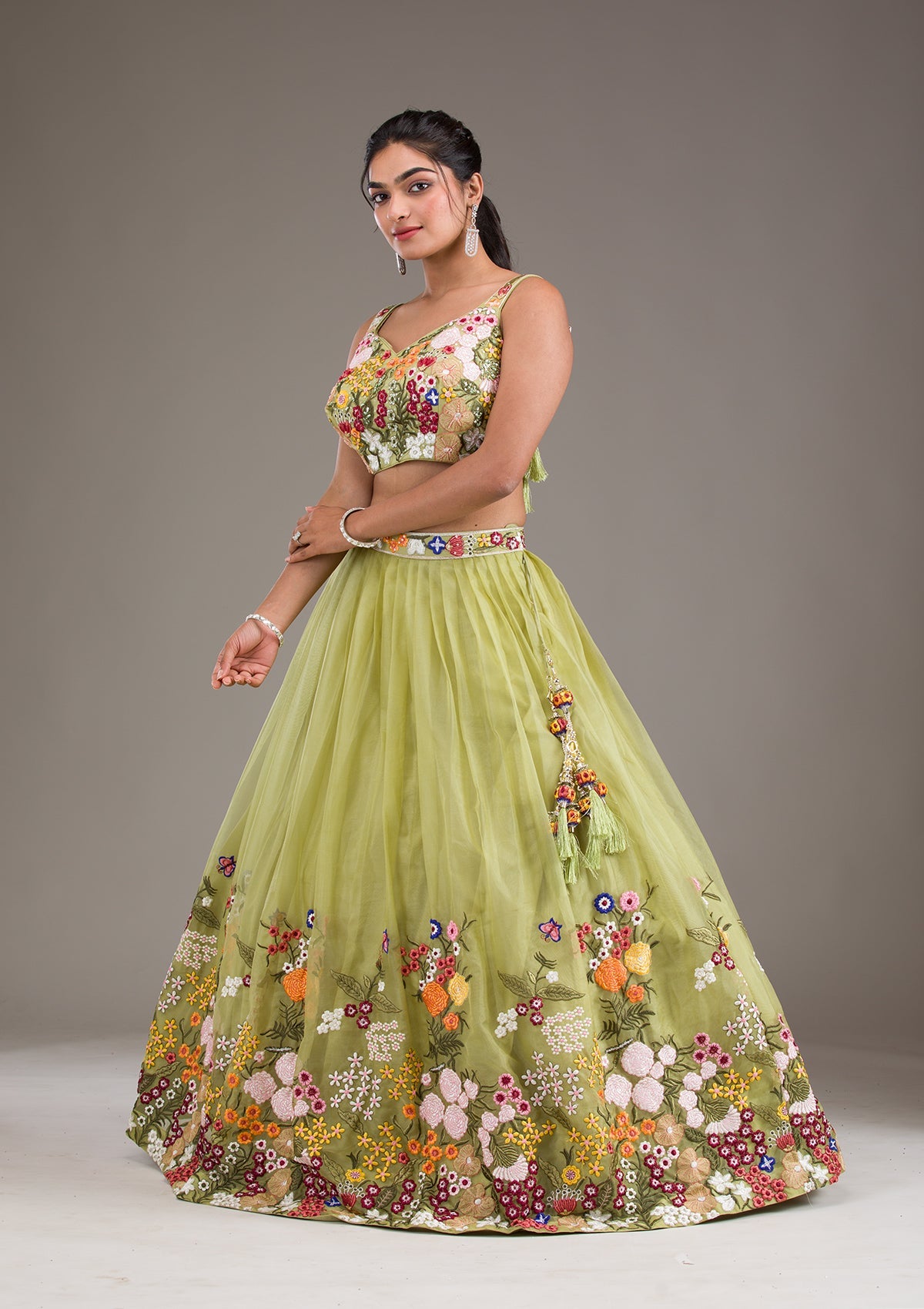 Pista Green Threadwork Tissue Readymade Lehenga-Koskii