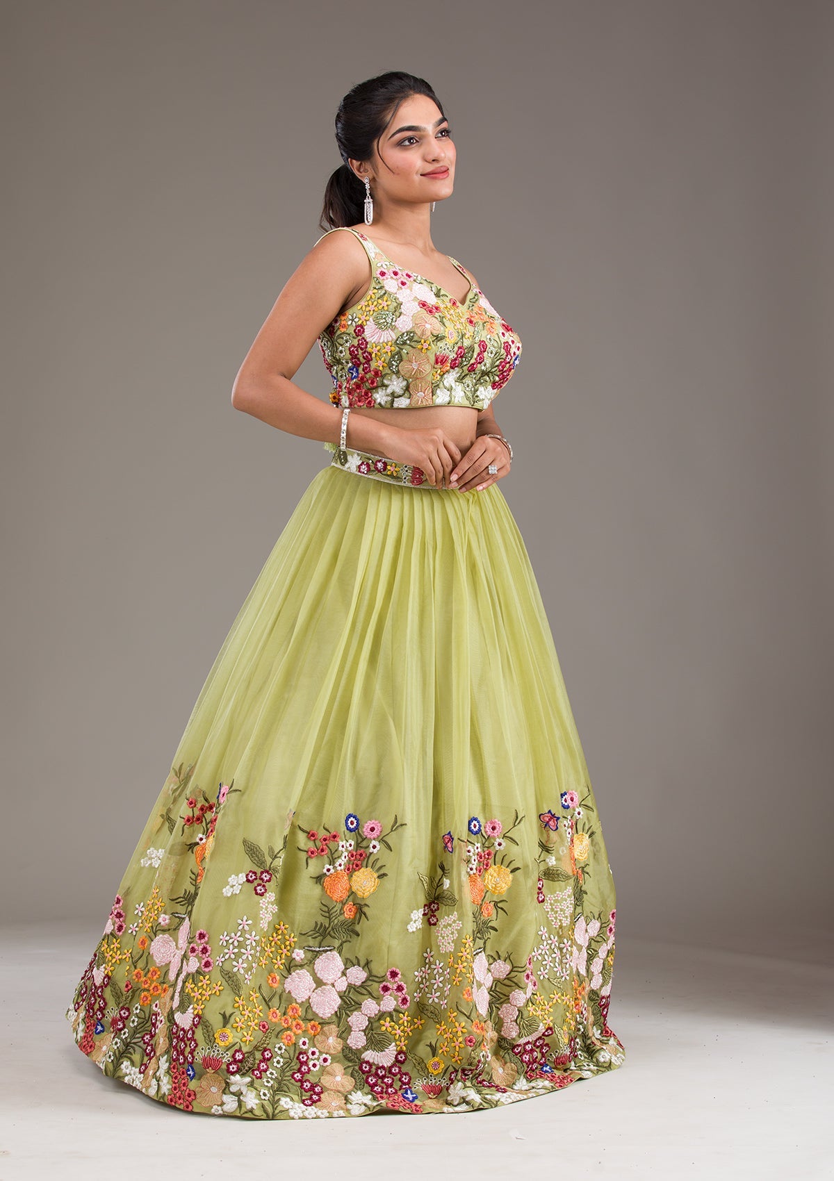 Pista Green Threadwork Tissue Readymade Lehenga-Koskii