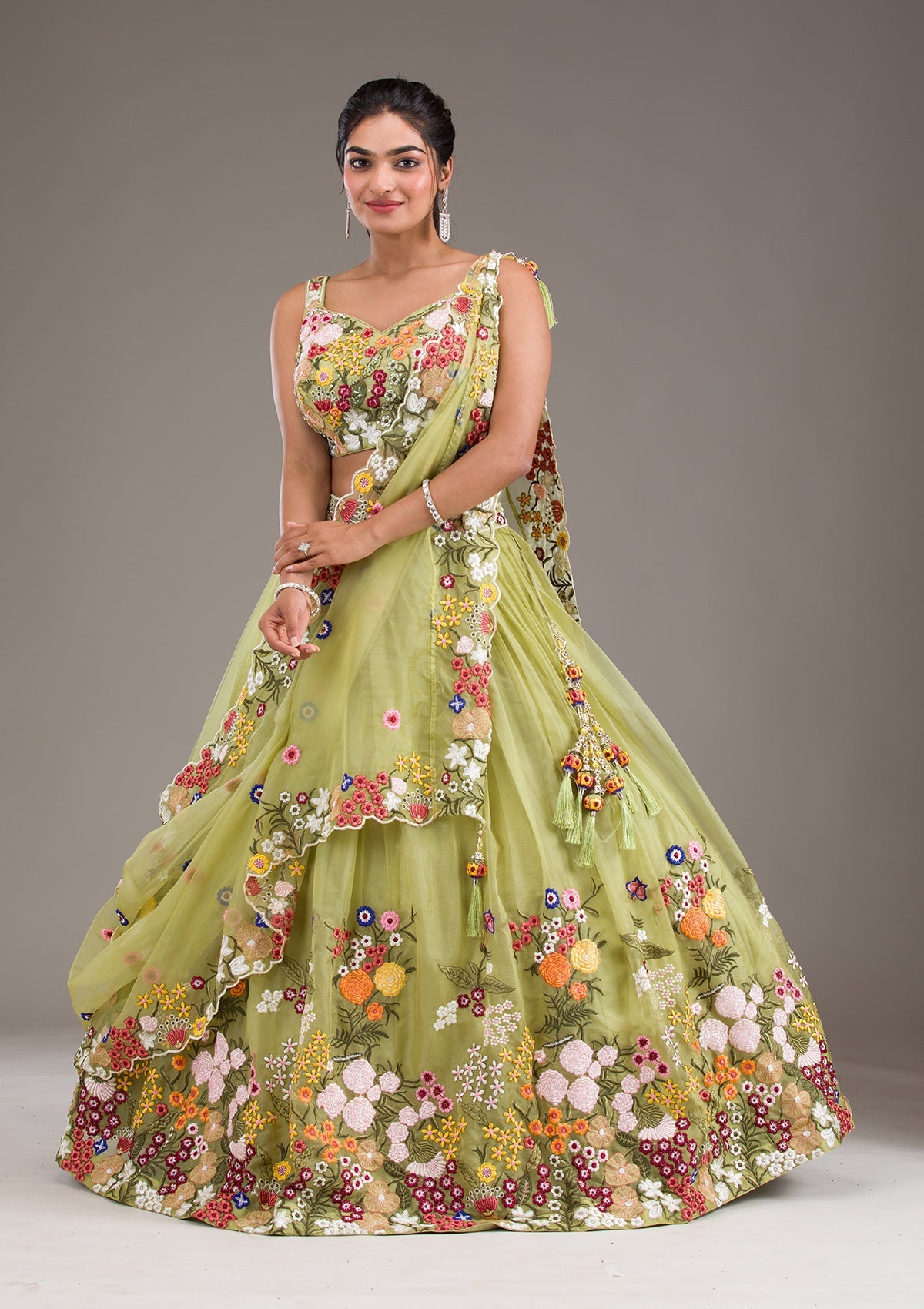 Pista Green Threadwork Tissue Readymade Lehenga-Koskii