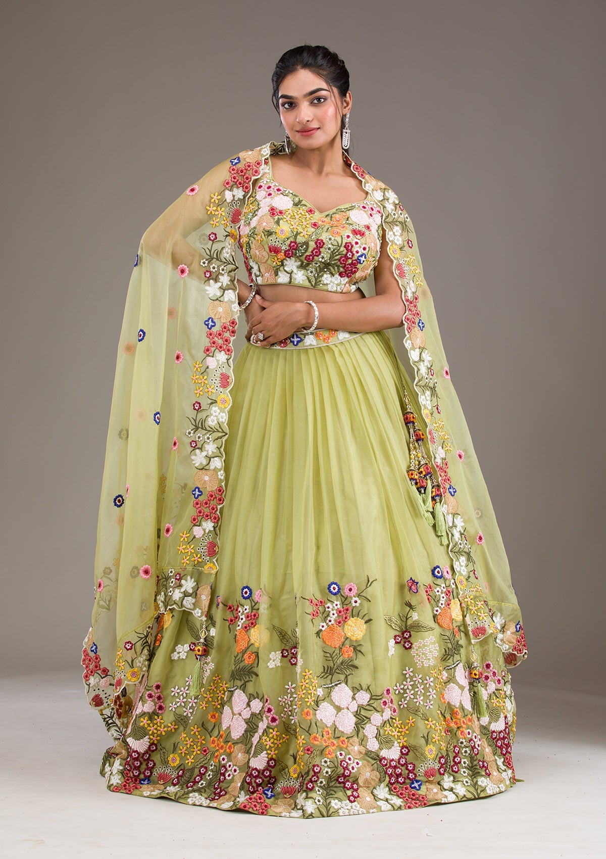 Pista Green Threadwork Tissue Readymade Lehenga-Koskii